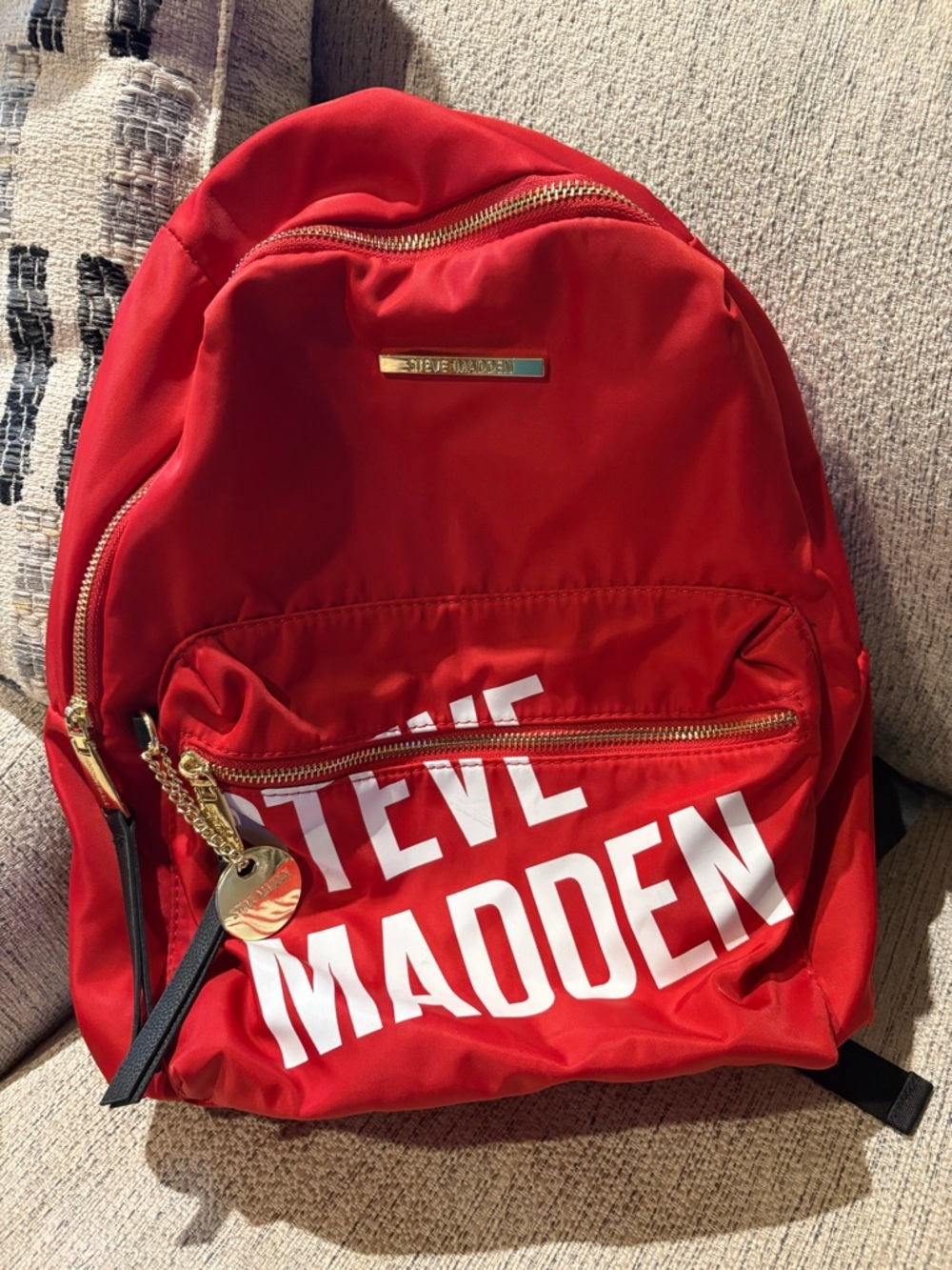 Steve Madden Red Logo Nylon Backpack with Gold Hardware